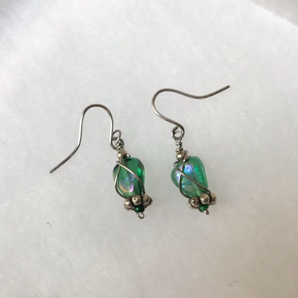 Wire Wrapped Green Dangle Earrings